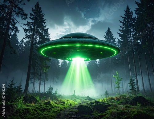 Flying Saucer Emitting Light Beam in Forest