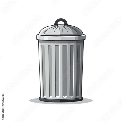 Gray cartoon illustration of a metal trash can with a lid.