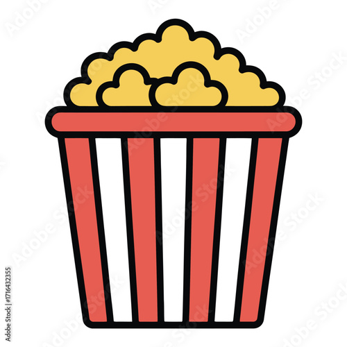 Classic red and white striped popcorn tub overflowing with delicious yellow kernels
