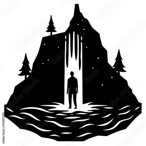 Silhouette man stands at waterfall entrance in stylized landscape