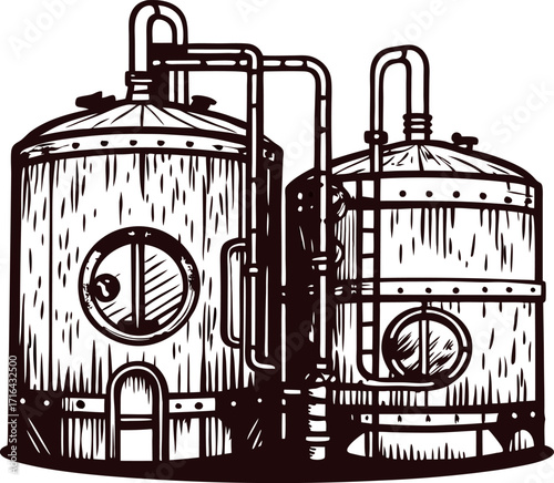 Engraved illustration of vintage brewery tanks with connecting pipes and ladders in hand drawn retro