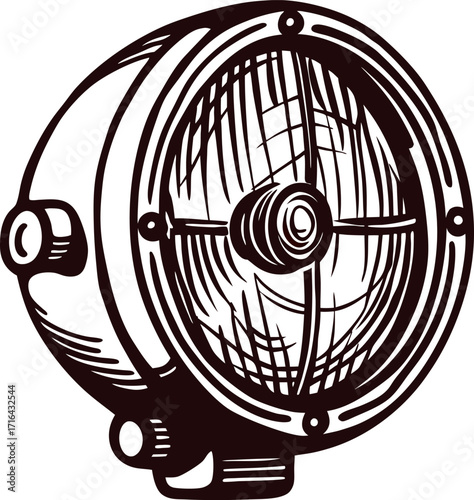 Hand drawn vintage round headlight illustration in engraved retro with detailed crosshatch shading