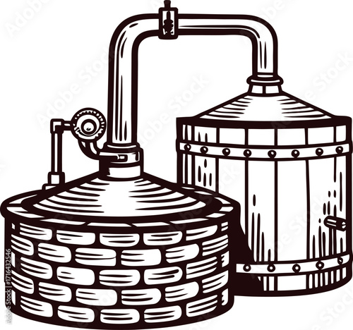 Hand drawn antique alembic apparatus and wooden barrel in vintage engraving