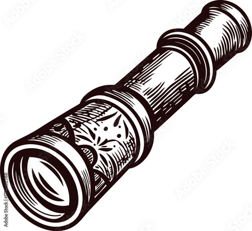 Vintage engraved illustration of an antique brass telescope with ornate details in hand drawn