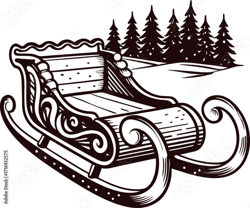 Ornate antique sleigh with decorative scrollwork in snowy winter forest landscape illustration