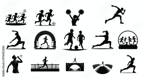 Diverse Sports and Recreation Silhouette Illustration in Black Isolated on White Background Depicting Running, Cheerleading, and More