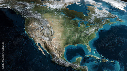 Satellite view of North America showing USA Mexico and Canada with state lines visible