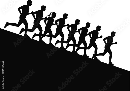 Dynamic Silhouette Illustration of Runners on a Hill Isolated on Transparent Background, Capturing the Challenge and Endurance of Athletic Events