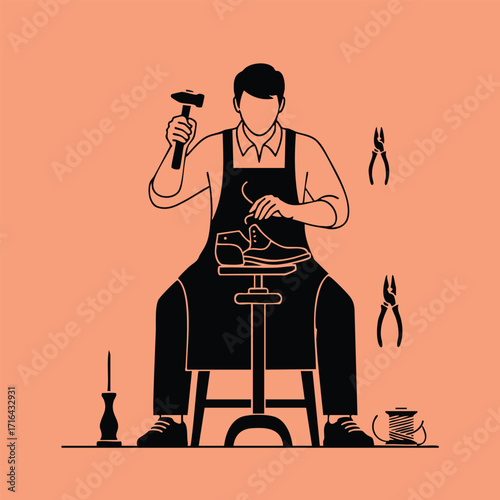 Illustration of a shoemaker repairing a shoe using tools while sitting on a stool with a plain background