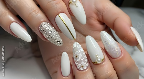 Elegant White Almond-Shaped Manicure with Pearls, Rhinestones, and Floral Design | Bridal Nail Art for Wedding, Beauty Salon Promotion, and Fashion Editorial
