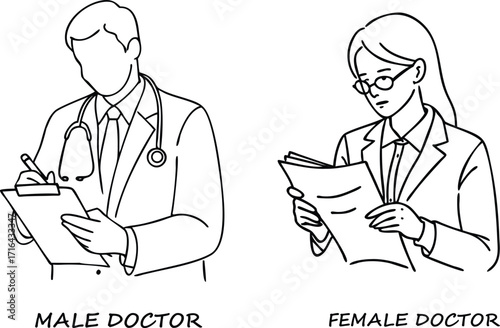Line art depiction of male and female doctors in professional attire reviewing documents vector