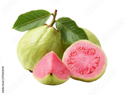 fresh guava fruit with leaves on transparent background.