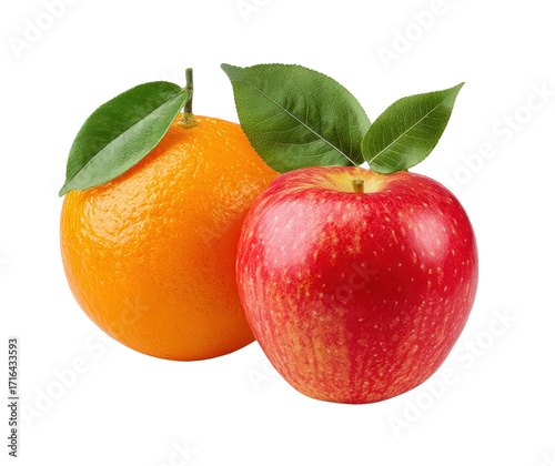 orange and apple with leaves isolated on transparent background