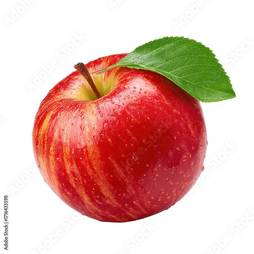 fresh red apple with leaf isolated on transparent background.