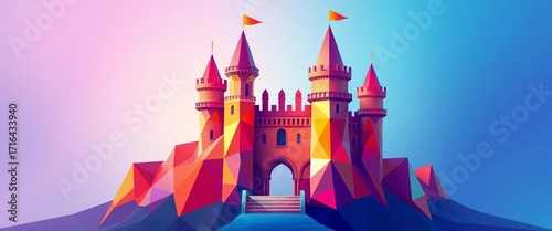 Abstract geometric castle formed by intersecting vectors, vibrant color gradients,  spire,  bright