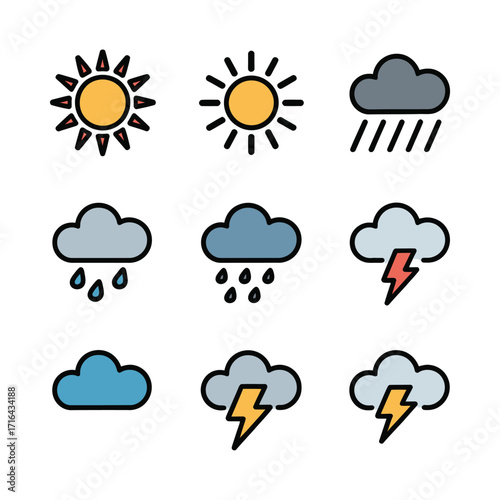 Collection of weather icons sunny cloudy rain storm lightning symbols forecast icons