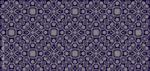 Dark purple seamless ornamental pattern with complex geometric floral elements, perfect for luxury and decorative backgrounds.