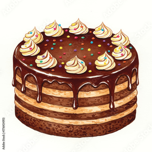 A delightful watercolor illustration of a festive birthday cake generously covered with rich chocolate glaze, presented against a clean white background.