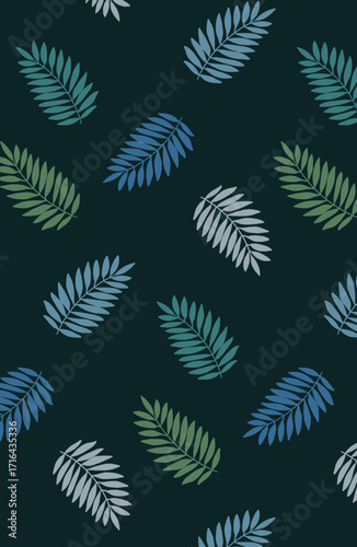 Abstract solid vector textile design, arrangement with monochrome silhouettes of palm leaves, all-over seamless pattern with green and Tosca tone color illustration, digital image printing factory