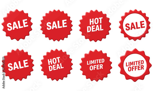 A set of red sale labels with various discount signs and promotional stickers