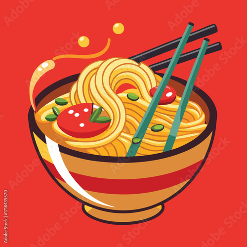 Vibrant asian noodle dish illustration with chopsticks and steaming bowl perfect for culinary and food related designs