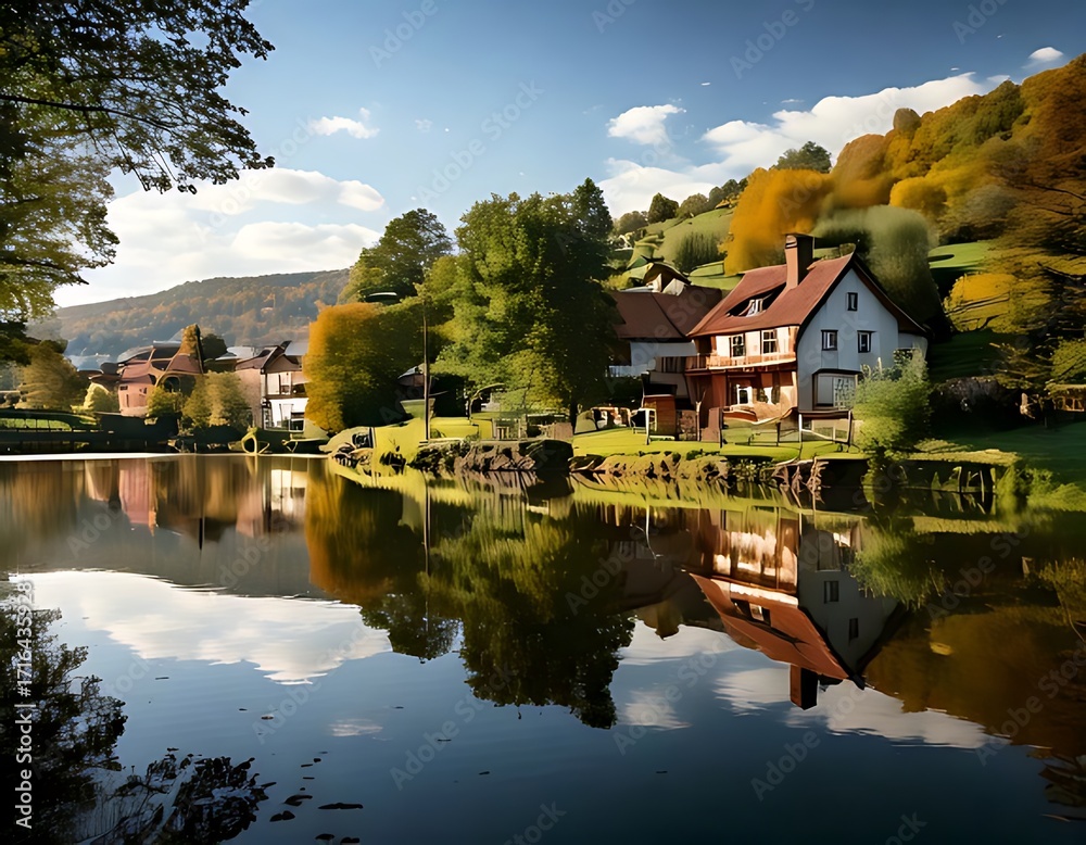 Obraz premium Peaceful village by a reflective lake at autumn