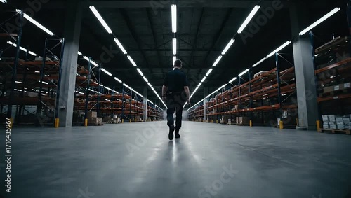 lone security guard patrols vast modern warehouse