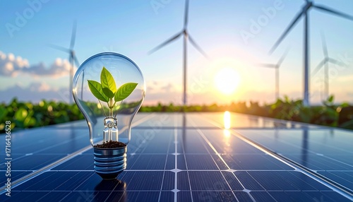Solar panel with glowing bulb containing plant and blurred wind turbine background