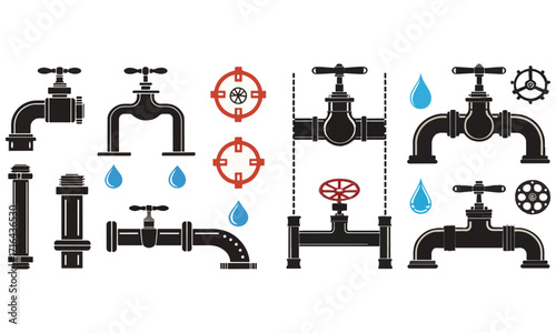 Water Pipes, Valves & Plumbing System Icons