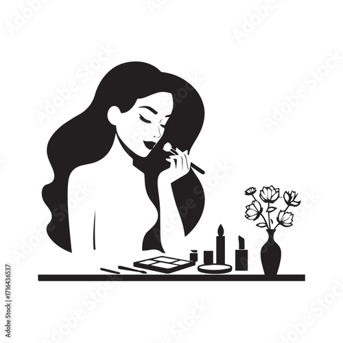 Black and white line art of a beautiful woman doing makeup at dressing table with mirror illustration