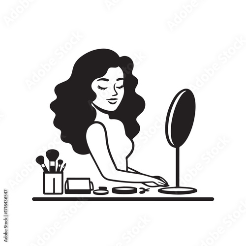 Black and white line art of a beautiful woman doing makeup at dressing table with mirror illustration