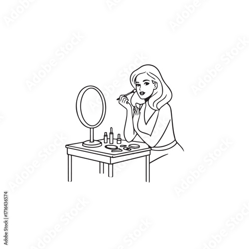 Black and white line art of a beautiful woman doing makeup at dressing table with mirror illustration