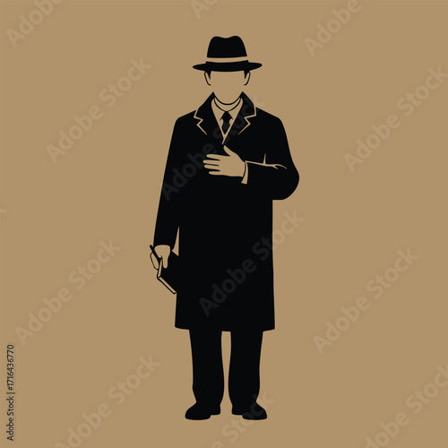 Silhouette of a man in vintage formal attire holding a book and wearing a fedora hat on a plain background
