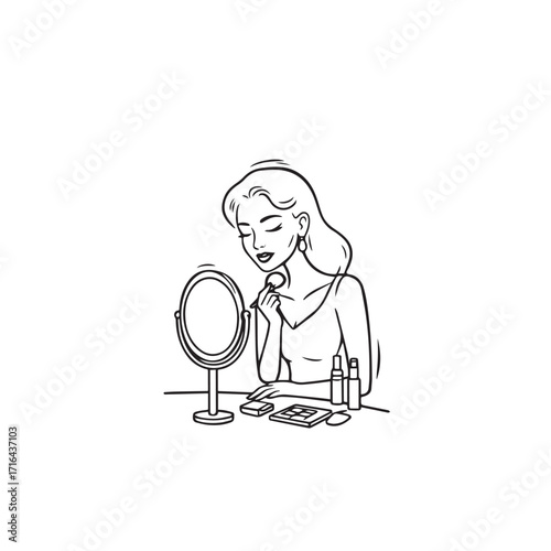 Black and white line art of a beautiful woman doing makeup at dressing table with mirror illustration