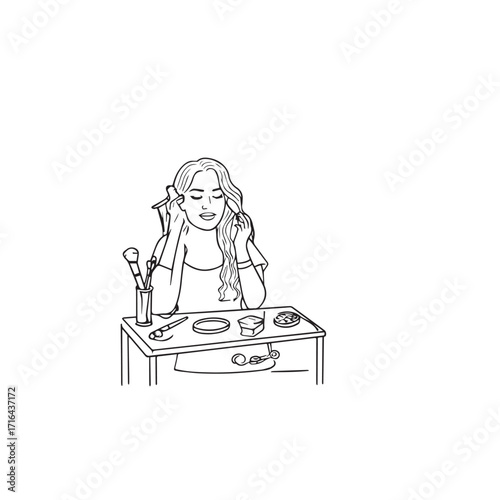 Black and white line art of a beautiful woman doing makeup at dressing table with mirror illustration