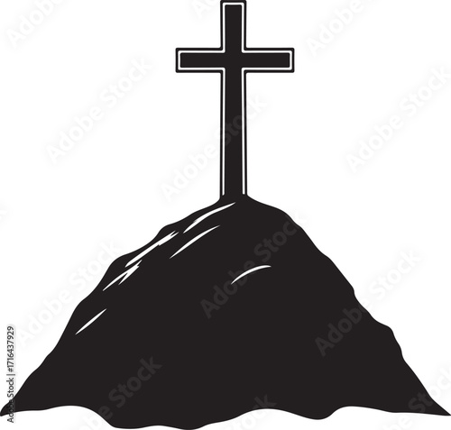 Christian Cross on Rock Silhouette on Transparent Background