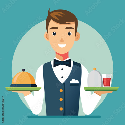 Professional restaurant waiter serving food and drinks to customers at a table with a friendly demeanor