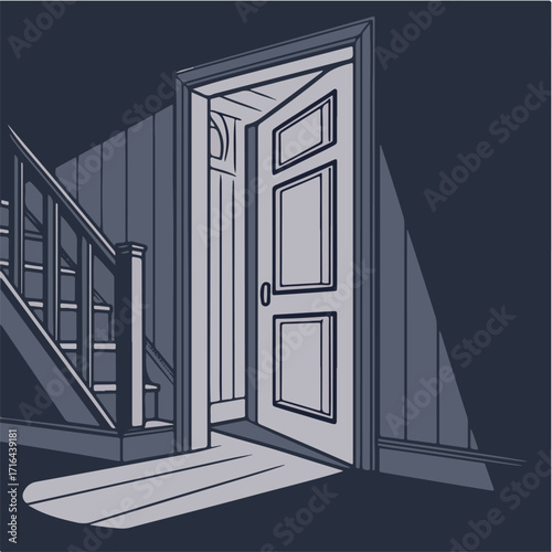 Mysterious Open Door with Light in Dark Hallway