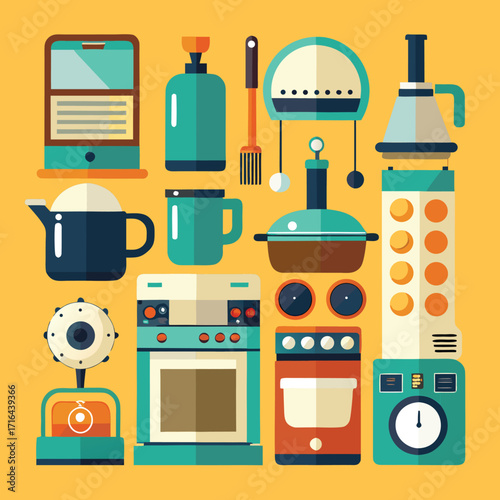 Collection of diverse kitchen appliances and utensils for culinary design projects