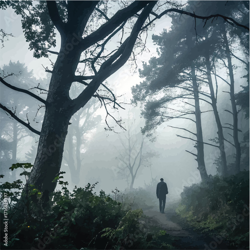 Lone Figure Walking on a Foggy Forest Trail