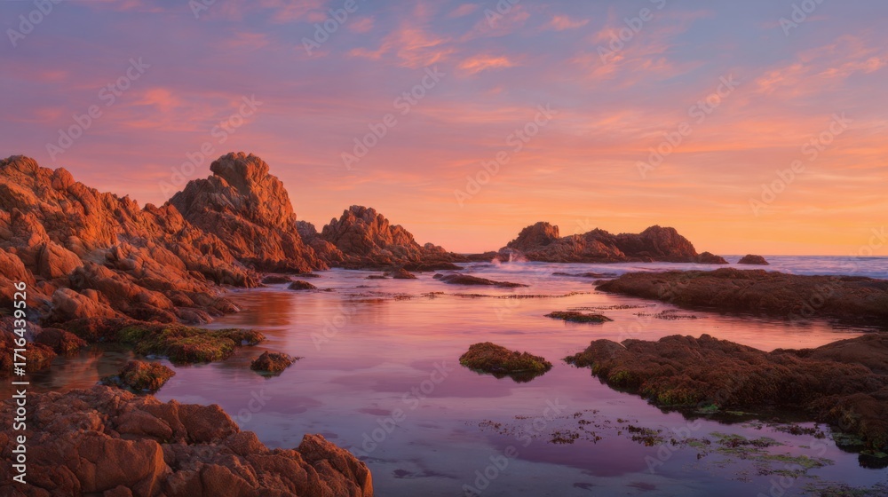 Obraz premium Coastal sunset scene red rocks calm ocean pink sky calm water sea coastline