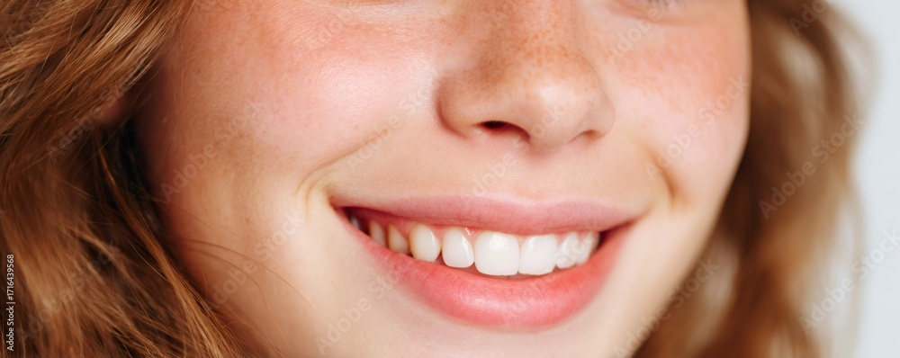 Obraz premium Close up of a woman with red hair and freckles smiling. Healthy teeth and skin care concept. Dental care and dermatology.