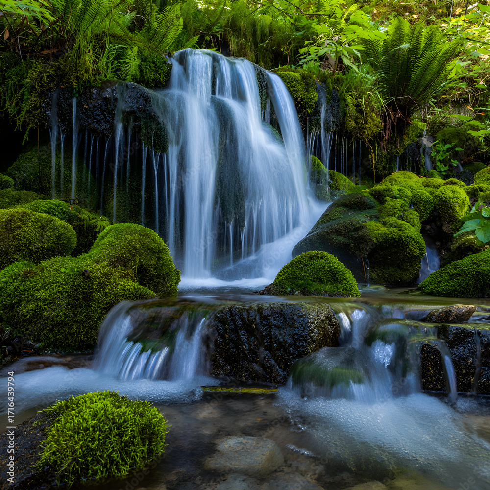 Fototapeta premium Serene waterfall cascading through lush green mossy rocks in a tropical garden
