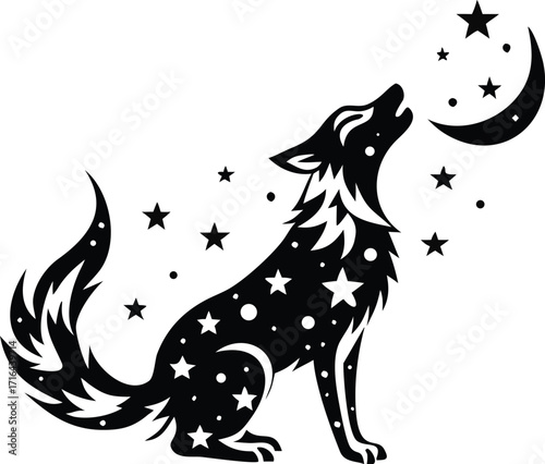 Black silhouette of a stylized wolf howling at the moon and stars on a white background Keywords: wolf, howling, moon, stars, night, sky, silhouette, animal, creature, wild, nature, fantasy