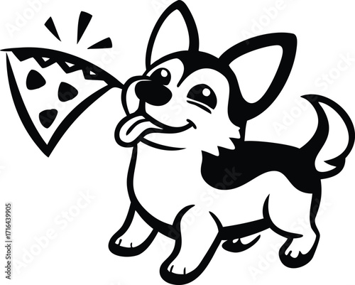 Cartoon Black and White Corgi Dog Holding a Slice of Pizza in its Mouth puppy illustration