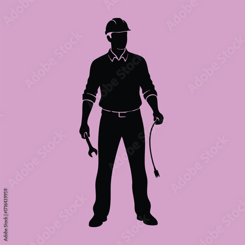 Silhouette of a construction worker holding a wrench and an electrical cable against a purple background