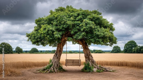 Tree swing in wheat field