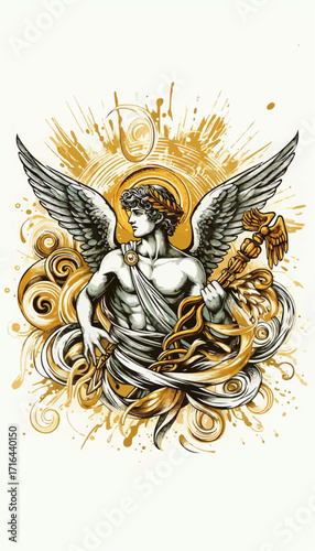 Illustration of winged Hermes. Greek god of messengers and speed, mythological art.