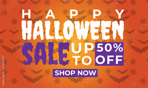 Halloween Sale Banner: A festive Halloween sale banner adorned with playful bat silhouettes and bold text, offering discounts of up to 50% off, perfect for enticing shoppers to explore spooky deals.