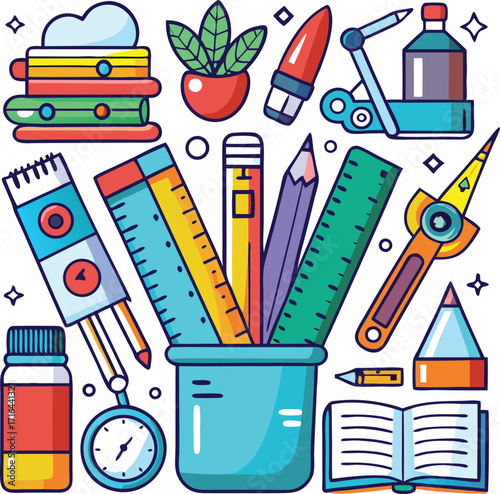 Colorful school supplies and stationery items on a white background desk office